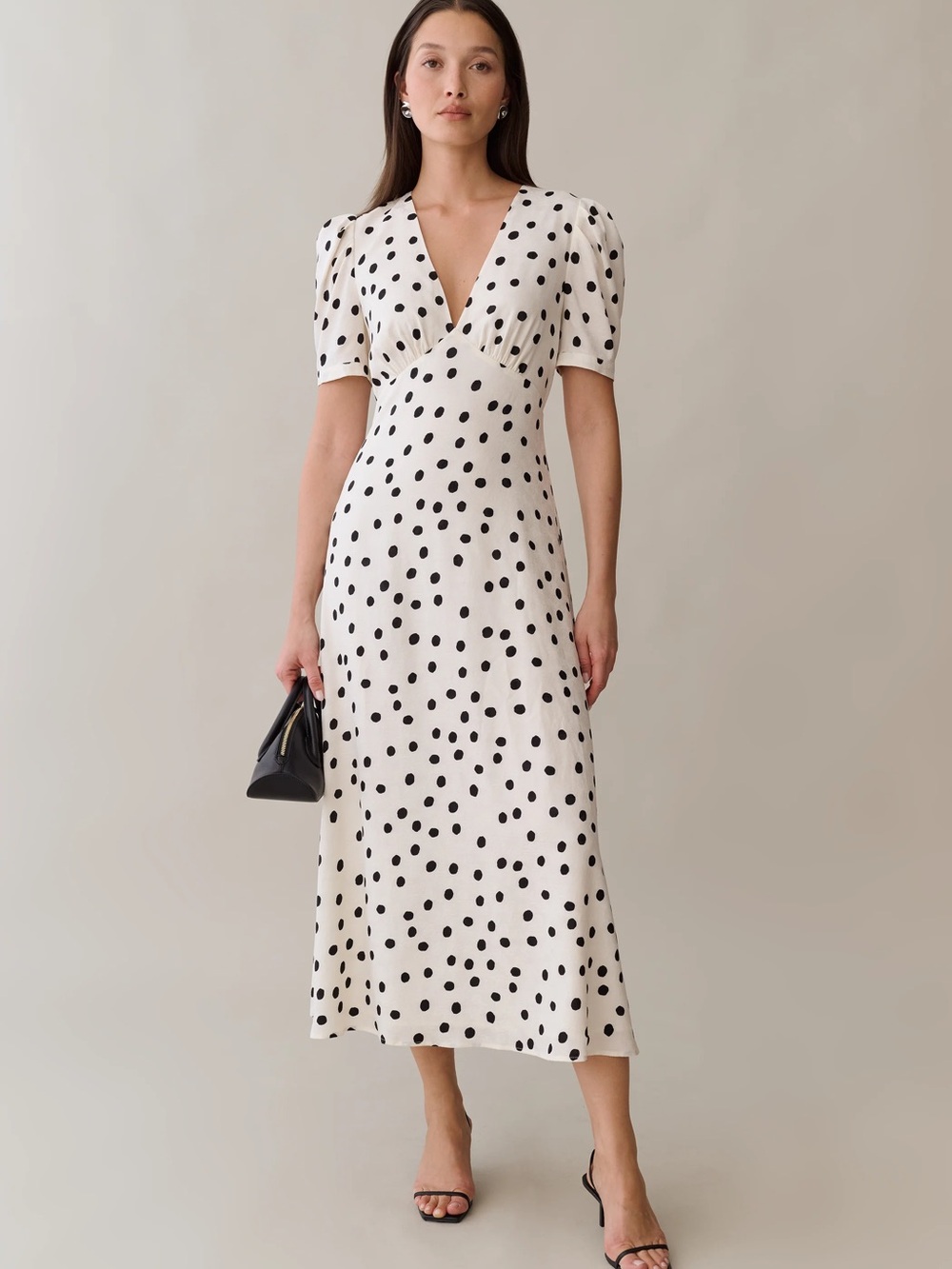 Alyssa Dress V-Neck Black Polka Dot Midi Dress - White/Black, Size 4